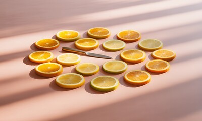 Vibrant Citrus Slices with Golden Knife on Pink Tabletop Displaying Orange and Lemon Segments in Symmetrical Still Life Arrangement with Eye-Level Sunlight for Healthy Eating and Earth Day Concept