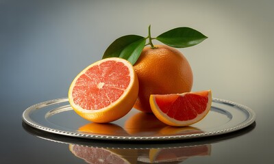 Vibrant Citrus Still Life Featuring Mandarin Orange and Grapefruit Halves on a Silver Platter with Gradient Background Perfect for Health and Dietary Concepts in Studio Lighting Detail
