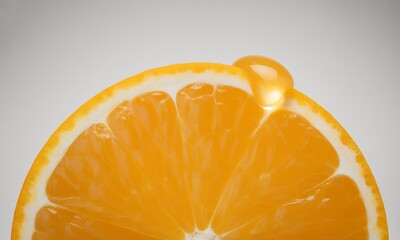 Vibrant Close Up of a Fresh Orange Slice with a Delicate Drop of Juice on a Neutral Background Showcasing its Natural Texture and Bright Color Perfect for Health and Wellness Designs Symbolizing