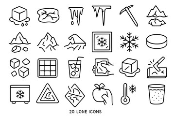 Ice and Winter Themed Line Icons Set. Ice, frozen, winter, cold, snowflake, iceberg, mountain, melting, icicle, pickaxe, hockey puck, ice cube, water, glass, drink, freezer, warning, slippery, thermom