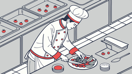 Chef preparing salad with tomatoes in a commercial kitchen illustration.
