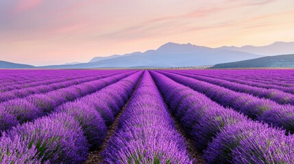 Obraz premium Beautiful Lavender Field Under Soft Pastel Sky at Dusk with Majestic Mountains in the Background