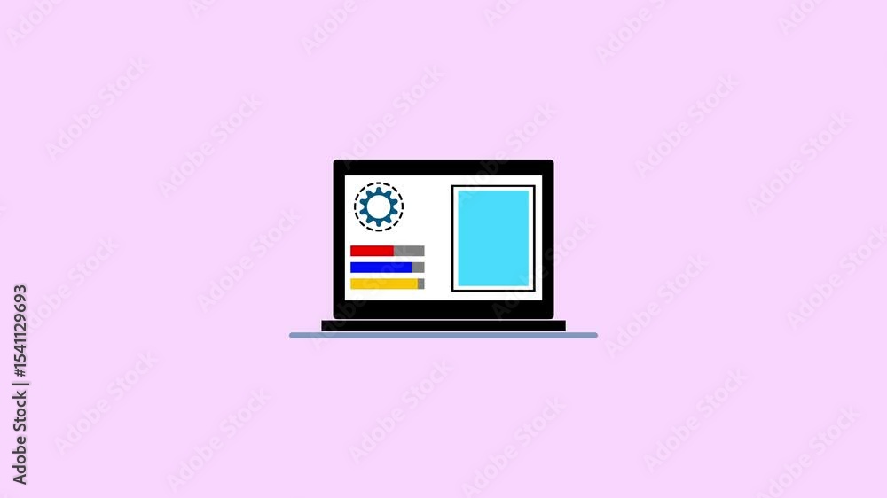 Poster simple depiction of the laptop displaying settings and progress bars. visualizes working documents a