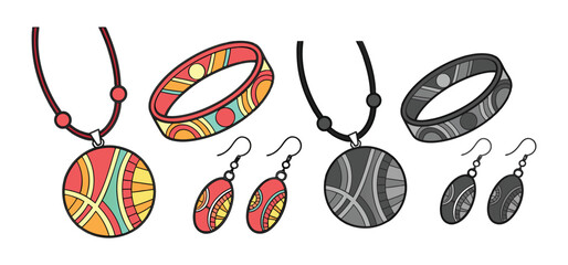 Colorful abstract jewelry collection featuring bracelets earrings and pendants fashion accessories isolated on white background