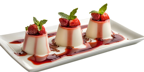 Elegant panna cotta dessert with strawberries and mint garnish on a white plate