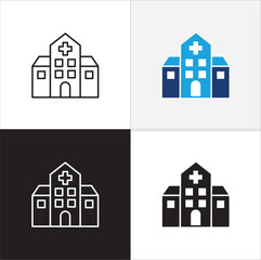 Fototapeta premium Healthcare icon. Hospital icon. Icon symbol of clinic, health center, hospital building, red cross, medication place. Vector illustration. Thin line and flat solid design.