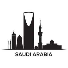 Saudi Arabia skyline and landmarks. Vector black silhouette. with white background