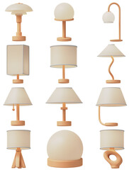 3D Table Lamp Icon Set – Interior Design and Home Decoration Elements
