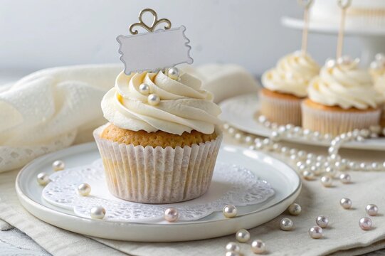 Delicious vanilla cupcake with white icing and blank topper. Perfect for branding, advertising, or bakery mockups. Editable template for presentations, tags, or product labels.