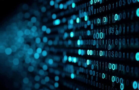 Digital binary code background with blue lights and bokeh effect
