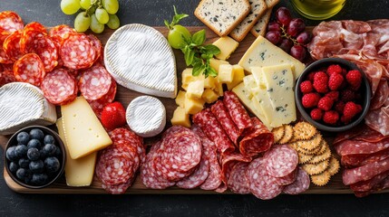 Assorted Charcuterie Board Featuring Meats, Cheeses, Fruits, and Crackers for Elegant Gatherings and Events
