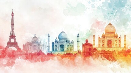 Obraz premium Watercolor illustration of world landmarks.