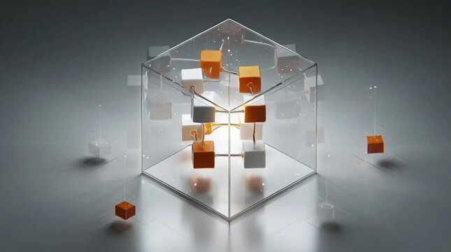 Loop Concept art of a light-tech Ault Node setup inside a transparent cube, ambient blockchain visualization, white and orange chromatic simplicity, symbolizing secure, on-chain validation