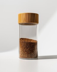 Isolated macro photo of transparent glass spice jar with natural bamboo lid, shown at 3/4 angle on smooth white cyclorama background, softly lit with realistic drop shadow
