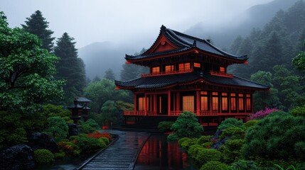 Obraz premium Serene Japanese Temple at Dusk Surrounded by Lush Greenery and Misty Mountains in Tranquil Atmosphere