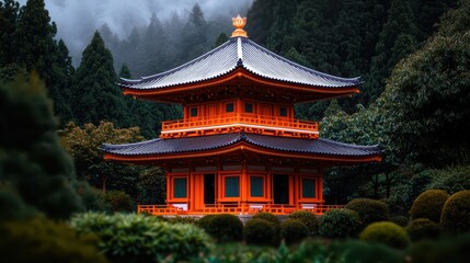 Fototapeta premium Traditional Asian pagoda surrounded by lush greenery and misty mountains in serene natural landscape setting