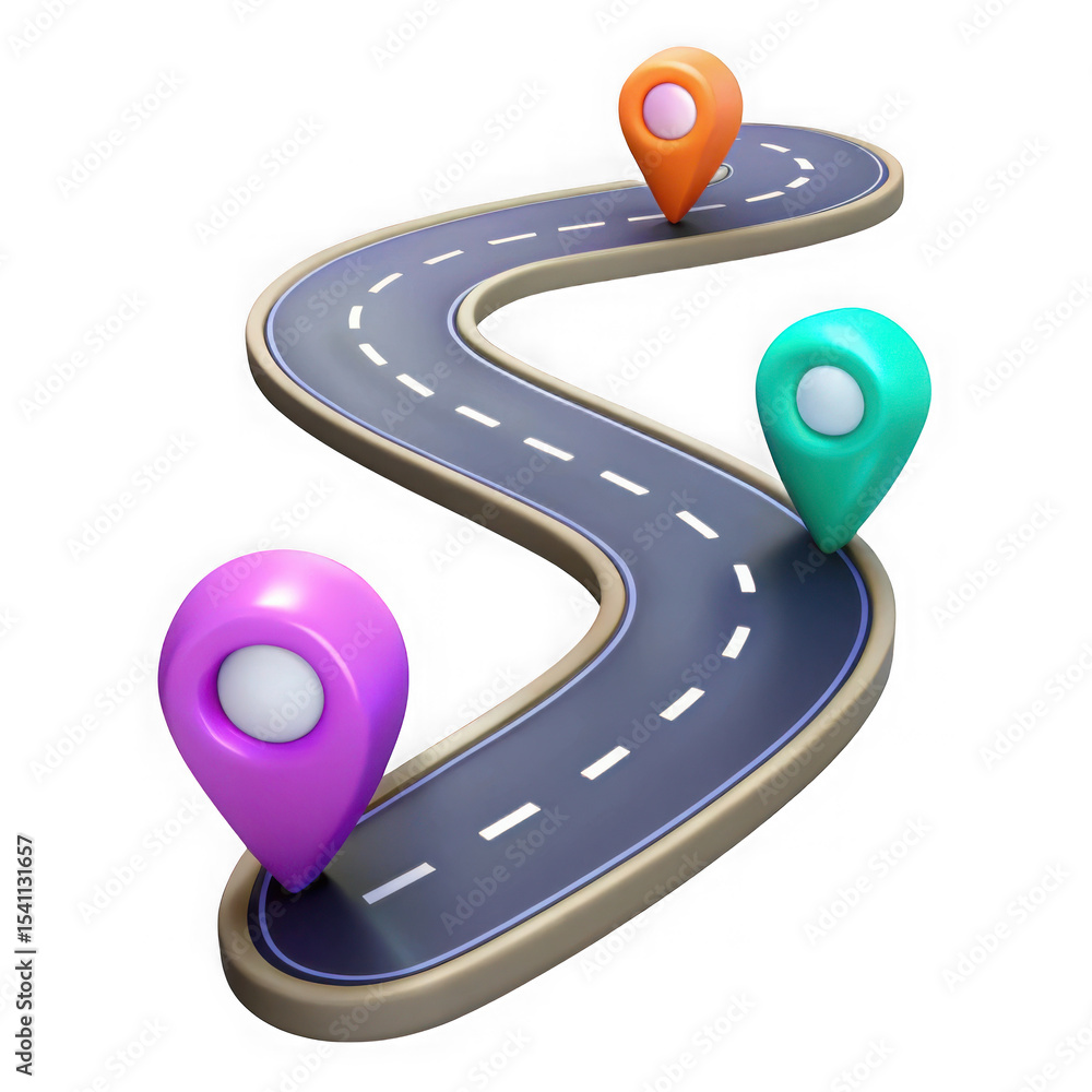 Poster 3d colorful map markers on winding road isolated on transparent background