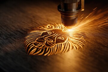 Laser engraving a lion's head design on wood.