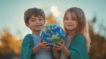 children holding a globe together in a bright outdoor setting with soft sunlight, smiling. Ai Generated Images
