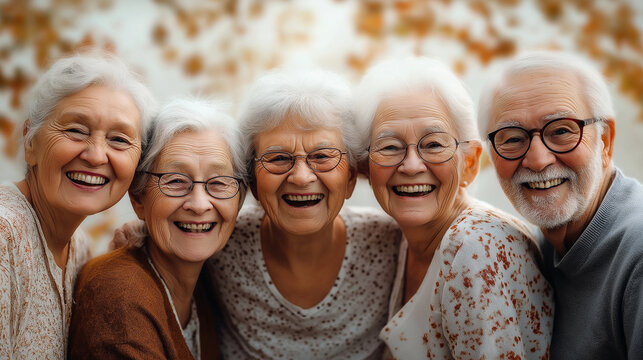 a group of elderly friends smiling and posing together, happy expressions, diverse group of people. Ai Generated Images