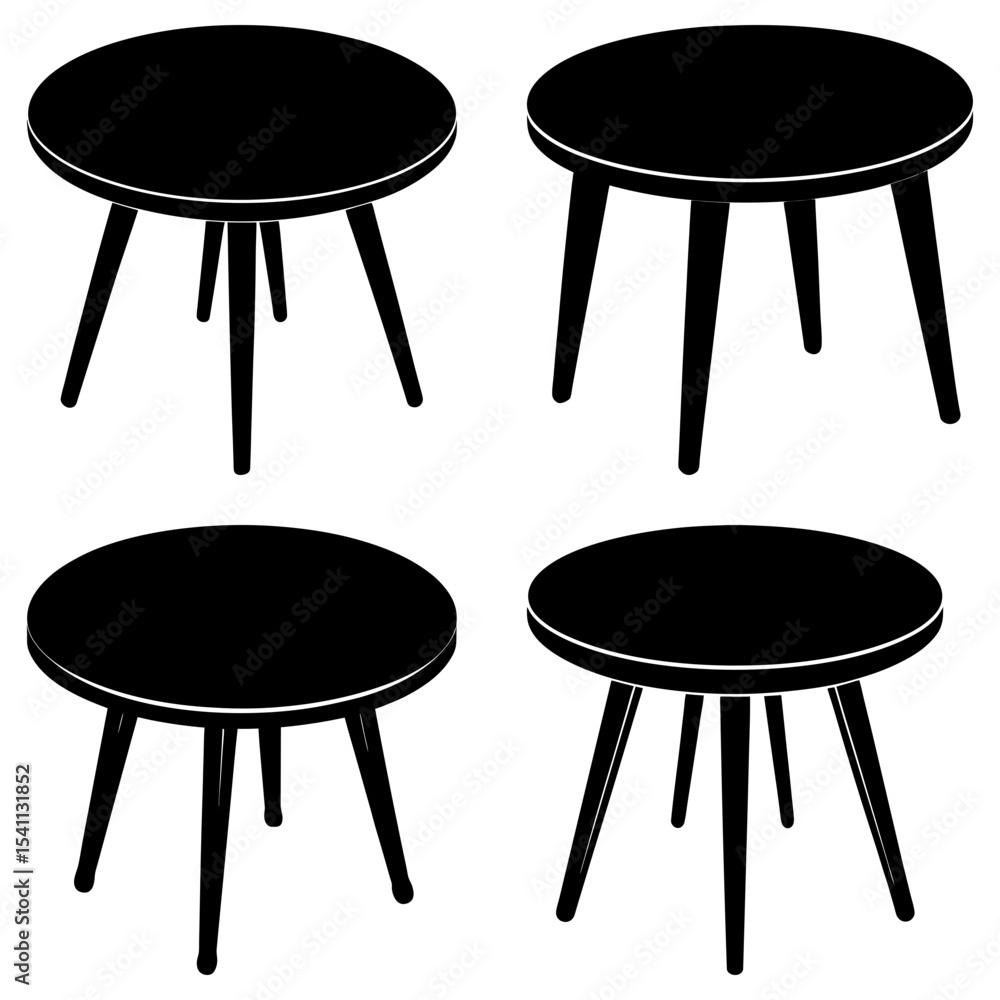 Poster four black round side tables with three legs arranged in a two by two grid on a white background
