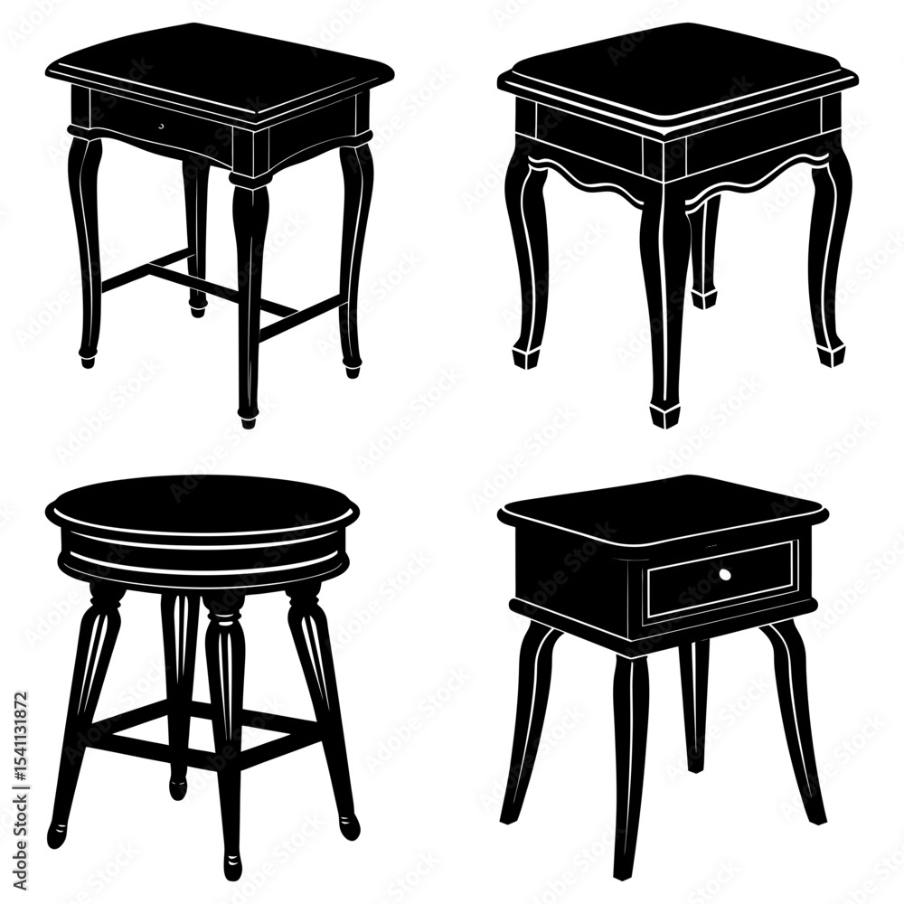 Poster four antique black tables with unique designs and shapes displayed in a symmetrical arrangement styl