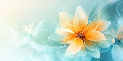 A vibrant, abstract digital art piece featuring a large, orange and yellow flower with intricate, flowing lines and patterns in a soft, ethereal blue and white background.