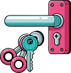 Cartoon Door Handle, Keys, and Lock in Vibrant Pink and Teal Colors.