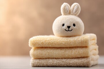 Stacked towels with a small stuffed animal on top.