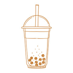 Boba tea drinks, bubble milk tea drinks, hand-drawn in a linear style. Illustrations of cups with boba drinks for posters, cards, cafe menus, and graphic design.