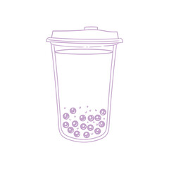 Boba tea drinks, bubble milk tea drinks, hand-drawn in a linear style. Illustrations of cups with boba drinks for posters, cards, cafe menus, and graphic design.