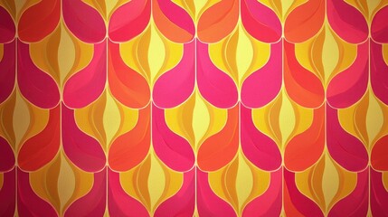 A vibrant, abstract pattern of pink and yellow geometric shapes on a red background.