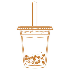 Boba tea drinks, bubble milk tea drinks, hand-drawn in a linear style. Illustrations of cups with boba drinks for posters, cards, cafe menus, and graphic design.