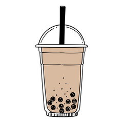 Boba tea, latte, and bubble chocolate drinks, hand-drawn in a linear style. Illustrations of cups with boba drinks for posters, cards, cafe menus, and graphic design.