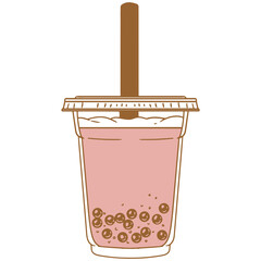 Boba tea drinks, bubble milk tea drinks, hand-drawn in a linear style. Illustrations of glasses with drinks for posters, cards, cafe menus, and graphic design.