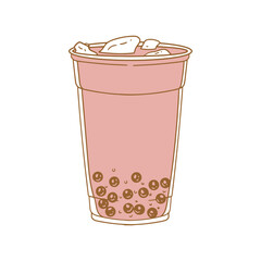 Boba tea drinks, bubble milk tea drinks, hand-drawn in a linear style. Illustrations of glasses with drinks for posters, cards, cafe menus, and graphic design.