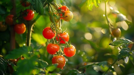 Fototapeta premium A close-up of ripe and juicy cherry tomatoes still on the vine with their vibrant red color shining under the sunlight against a backdrop of green leaves