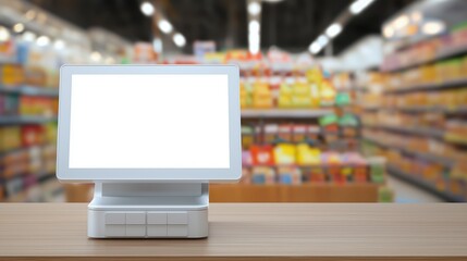 Modern POS Touchscreen Terminal at Supermarket Checkout with Blank Display