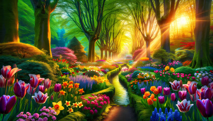 Fototapeta premium Fantasy Spring Garden Path with Colorful Flowers and Morning Sunlight