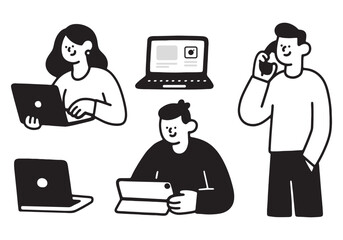 People with devices set. Female and male characters use smartphone, laptop, ta....eps