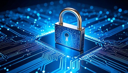 Padlock on digital circuit board.