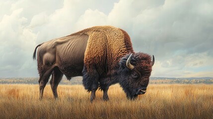 Majestic American Bison Standing in Golden Grass Against a Cloudy Sky in a Pristine Natural Landscape