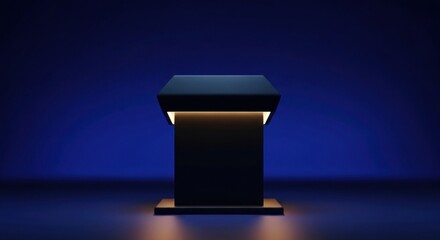 A dark podium with a light shining from underneath it on a blue background in a studio setting