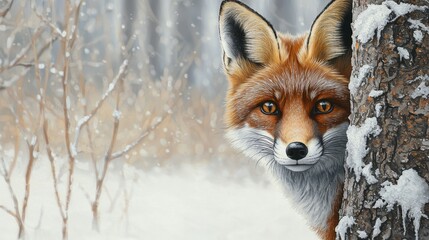 Fototapeta premium Elegant Red Fox Peeking from Behind Tree in Snowy Woodland Setting with Soft Focus Background
