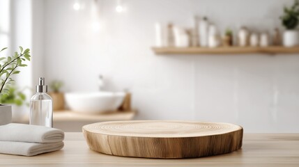 Natural Wooden Slab for Skincare Product Mockup in Minimalist Bathroom