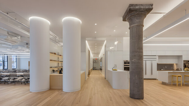 Modern workspace with minimalist furniture and neutral palette, embodying simplicity and professional elegance.