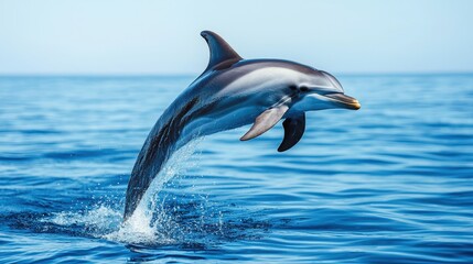 Fototapeta premium Elegant dolphin leaps gracefully above tranquil ocean waters under clear blue sky during sunny day