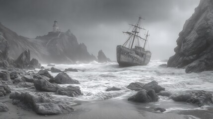Obraz premium Shipwreck on a Misty Coast: A Monochromatic Seascape