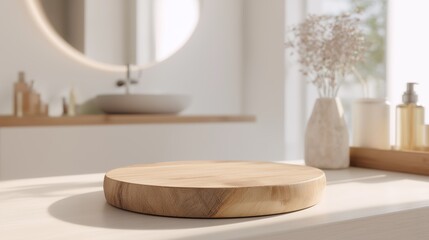 Round Rustic Wooden Platform in Light Bathroom Setting with Blurred Sink Background