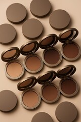  Elegant Assorted Compact Bronzers in Neutral Tones with Mirror on Beige Background for Beauty and Skincare Product Showcase